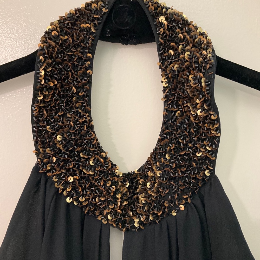 Rachel Zoe Black Bronze Sequin Halter Keyhole Backless Silk Top Size 4 Worn Once